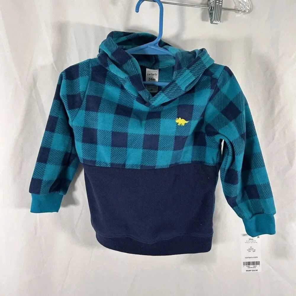 Carters Hoodie Baby Boys 24M Blue Plaid Fleece Dinosaur Embroidered New